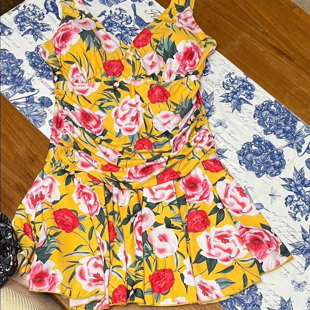 Floral Yellow  with Pink and Red Roses One Piece Swimsuit with Boxershort Under
